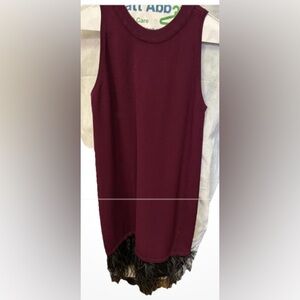 Milly sleeveless burgundy dress with black ostrich feather trim size P